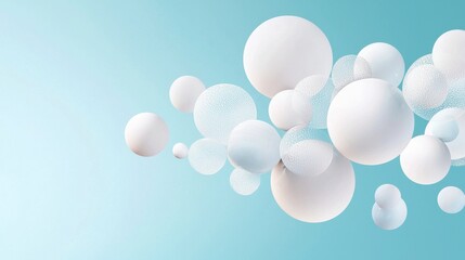 Floating White Spheres: An Abstract Composition of Lightness and Serenity against a Soft Blue Background