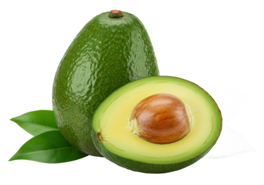 whole ripe avocado and a halved avocado showing the seed and vibrant green flesh, with green leaves, isolated on white background