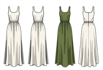 Maxi Tank Top Dress Technical Fashion Flat: Women's CAD Template with Crew Neck, Straps, Side Slit, Front and Back Views, in White and Green, women's fashion design mockup set.
