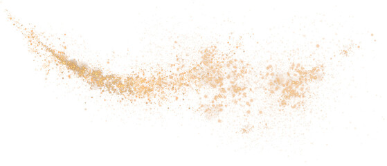 Golden sparks of dust and golden stars shine with special light. Christmas light effect. Golden sparkling particles of magic dust. PNG.