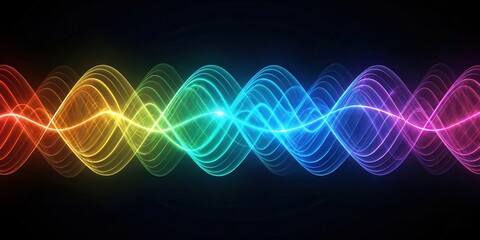 Naklejka premium Abstract Rainbow Waveform Design with Vibrant Glowing Lines and Dark Background