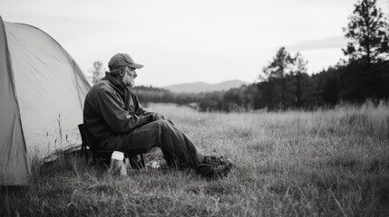 Elderly man camping, serene mountain view, peaceful evening