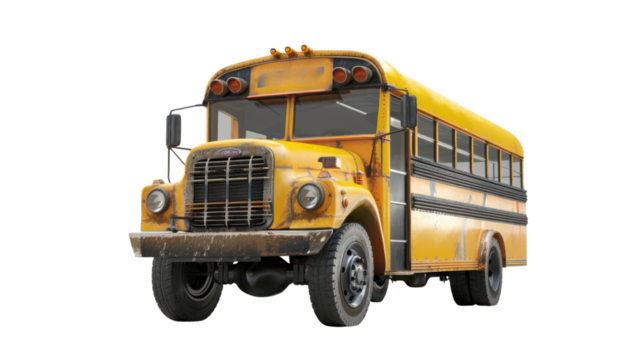 Old weathered yellow school bus isolated on transparent background