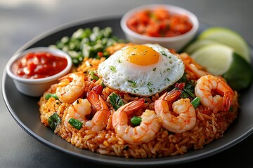 Spicy shrimp fried rice, sunny-side egg, salsa