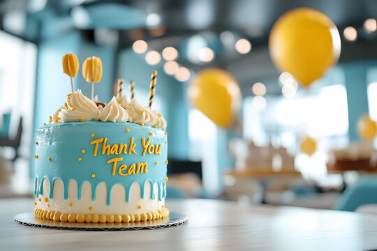 Thank you team celebration cake with yellow balloons, Employee Appreciation Day