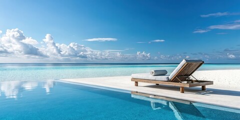 Fototapeta premium Serene Poolside Relaxation A Luxurious Chaise Lounge Beckons by the Azure Ocean Under a Cloud-Filled Sky