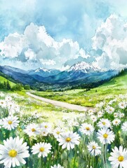 Fototapeta premium Abstract watercolor landscape background. Nature wallpaper of white daisy field, road, mountain, sky and cloud panoramic view of blossom daisy meadow suitable for cover, banner, wall art, decoration.