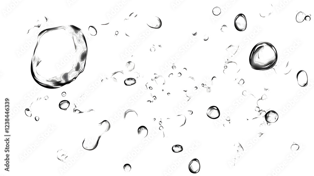 Aufkleber Close up view of transparent water bubbles and spherical droplets floating and suspended on a reflective glossy surface with a minimalist scientific aesthetic