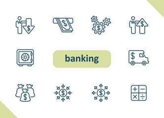Banking icons. Online banking, money, finance, currency, investment, savings vector icon set