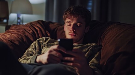 Obraz premium communication, business, home and technology concept - close up of man with smartphone texting message sitting on couch at home