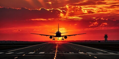 Silhouette of an airplane landing on a runway during a fiery sunset, a breathtaking aerial scene.