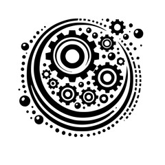 Abstract Gear Technology: Circular Motion Design.  A monochrome graphic artwork featuring gears in a swirling pattern, symbolizing engineering and industrial mechanics.