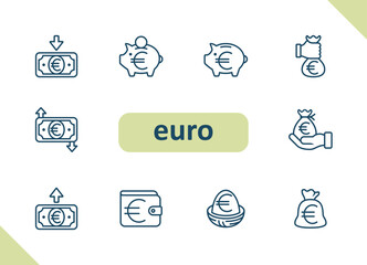 Euro icons. Currency, money, payment, cash, savings, investment vector icon set