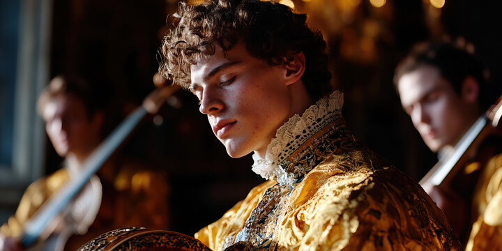 Young Man in Baroque Attire Playing Stringed Instrument with Ensemble