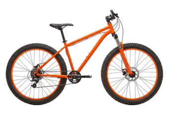 Fototapeta premium A bright orange mountain bike with thick tires and a lightweight frame, isolated on a white background
