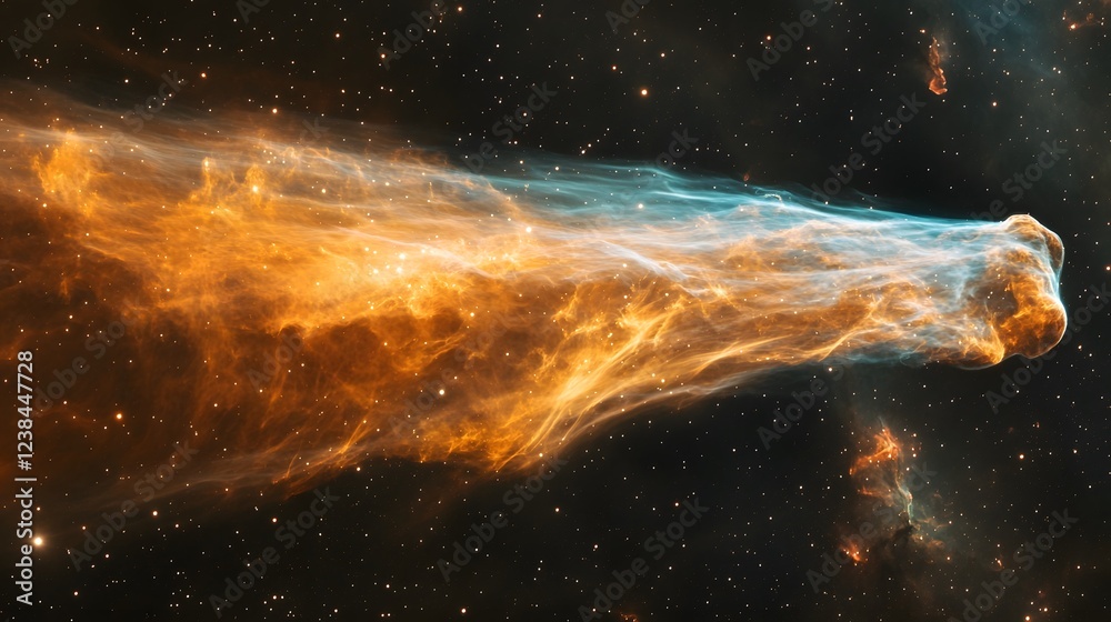 Poster dramatic and fiery cosmic explosion bursting forth from the depths of a vibrant glowing galactic neb