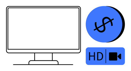 Computer monitor, dollar sign in blue circle, HD icon with camera. Ideal for finance, tech, digital marketing, video creation, web content online services educational videos. Abstract line flat
