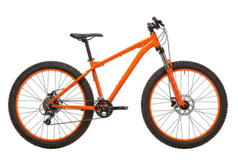A bright orange mountain bike with thick tires and a lightweight frame, isolated on a white background