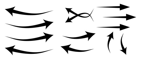 Hand drawn black arrows collection Set, simple flat curved arrows isolated on white background. Vector set of trendy long Direction arrows left and right in flat style, eps10