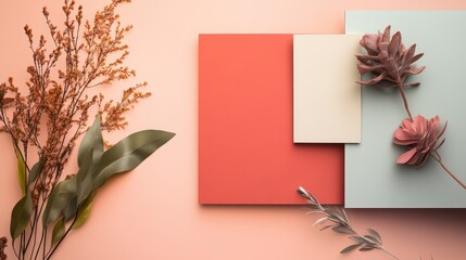 Obraz premium A flat lay of colored panels on a light coral background with a matte finish, adding a warm vibe.