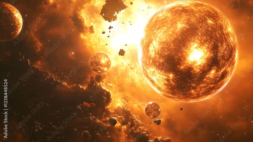 Aufkleber Dramatic and powerful cosmic event with planets and celestial bodies being engulfed in a fiery explosive inferno of galactic chaos and destruction  Intense