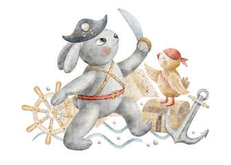 Watercolor composition of hare pirate, parrot sailor, anchor, ship's rudder, map. Illustration of rabbit drawn by hand. Isolate white for design of children's cards posters invitations dishes clothes
