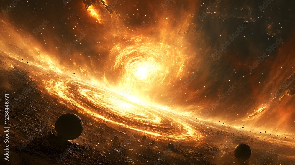 Poster dramatic and vivid cosmic explosion with luminous fiery gases and stellar debris swirling within the