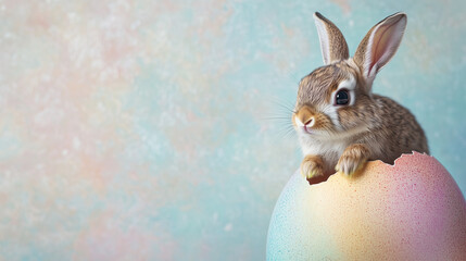 Obraz premium A rabbit peeks out of a cracked pastel Easter egg on a soft background with space for text