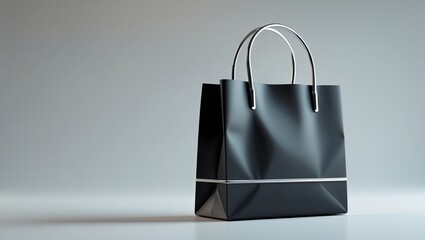 black shopping bag with a silver handle. The bag is standing upright on a white surface with a blurred background. The handle is curved and appears to be made of metal.