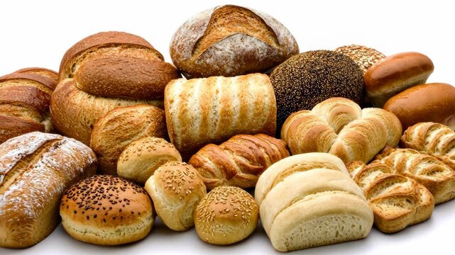 Various types of freshly baked bread displayed on a white background during a culinary showcase