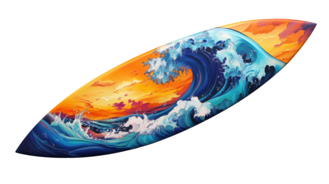 Surfboard showing big ocean wave at sunset with transparent background