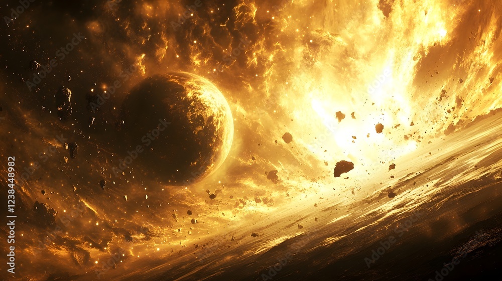 Aufkleber dramatic and vivid depiction of a cataclysmic celestial collision resulting in a fiery cosmic explos