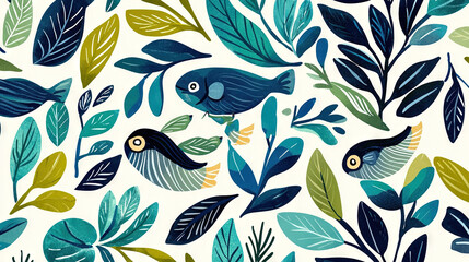   Blue bird perched on leafy branch in green wallpaper with label