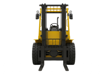 A yellow industrial forklift with a robust build and black tires, isolated on a white background