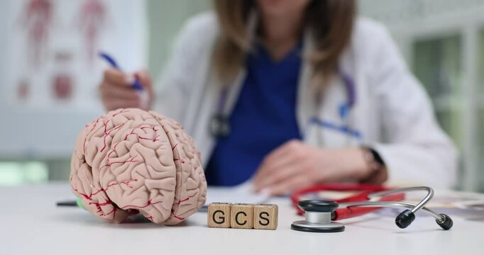 A dedicated healthcare worker is studying a detailed brain model alongside the important GCS evaluation paperwork