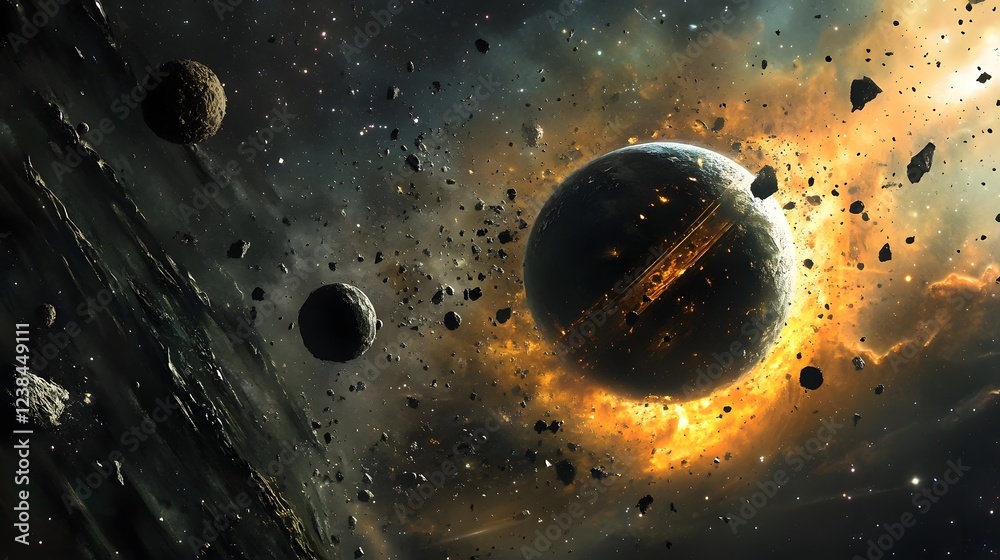 Poster Dramatic celestial explosion in deep space with planets asteroids and cosmic debris illuminated by the fiery blast  A powerful awe inspiring scene of cosmic chaos and destruction