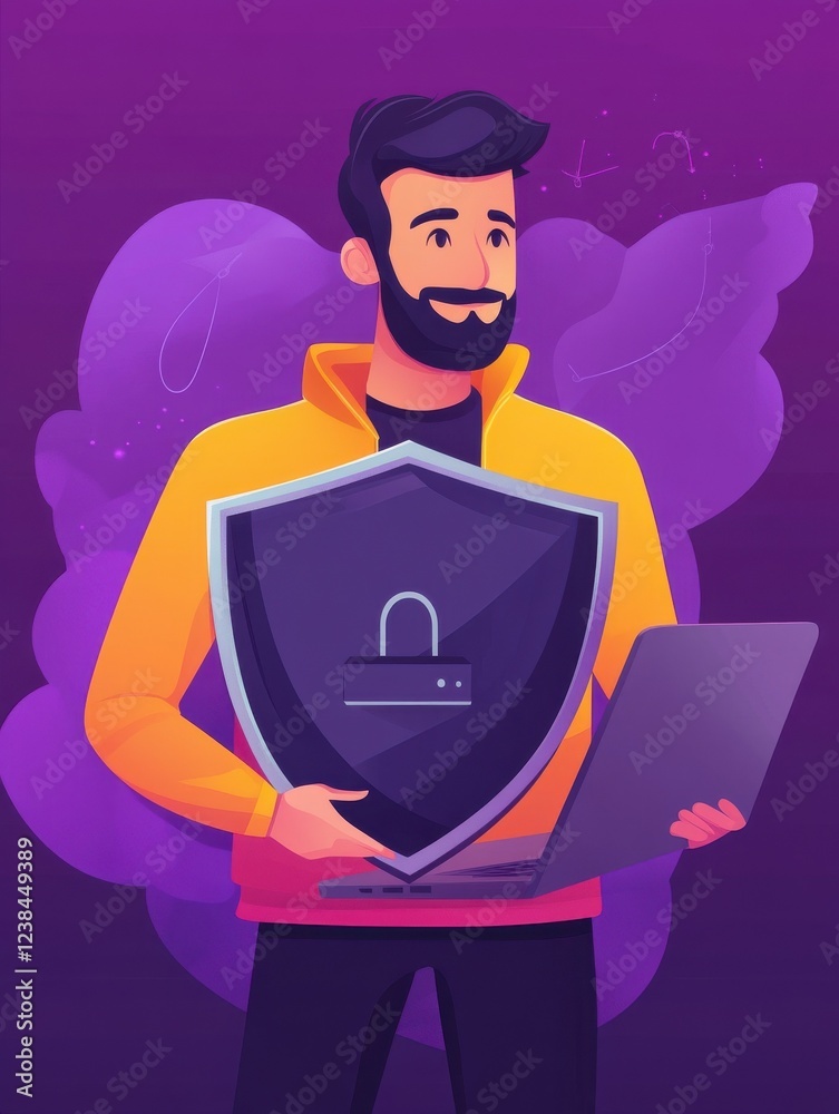 Poster man holding security shield and developer using laptop. data and applications protection, network an