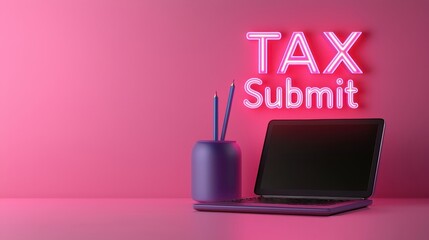 A vibrant workspace featuring a laptop beside a pen holder, highlighting the words "TAX" and "Submit" in neon lights against a pink background.