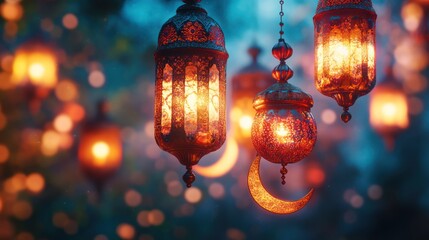 Festive Ramadan lanterns glowing, night, bokeh