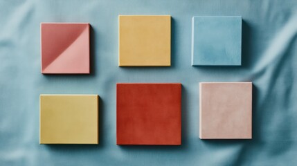 Fototapeta premium A flat lay of various colored panels on a pale blue canvas background with a subtle fabric texture.