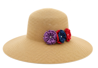 A beige wide-brimmed straw hat adorned with three fabric flowers in purple, red, and blue, isolated on a white background