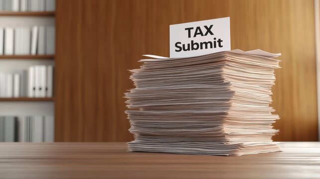 A stack of tax documents with a sign reading "TAX Submit" on top, set against a simple wooden background.