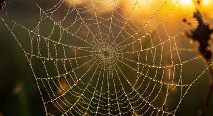 Obraz premium Macro shot of a dew-covered spider web glistening in the early morning sunlight highly detailed and crisp for nature lovers
