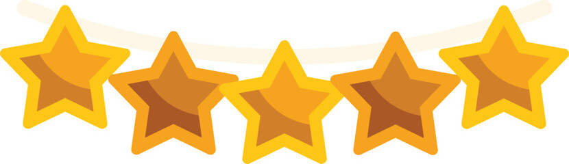 Fototapeta premium Five golden stars hanging on a string represent a five star quality rating, symbolizing excellence and achievement