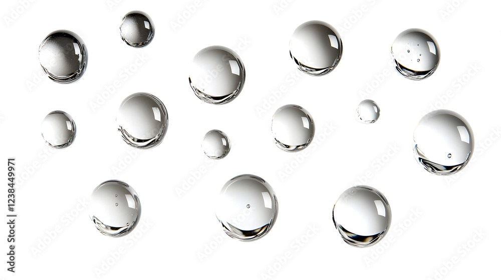 Leinwandbilder Shimmering translucent water droplets resting on a smooth reflective surface creating a captivating abstract pattern with vibrant details and refractive effects