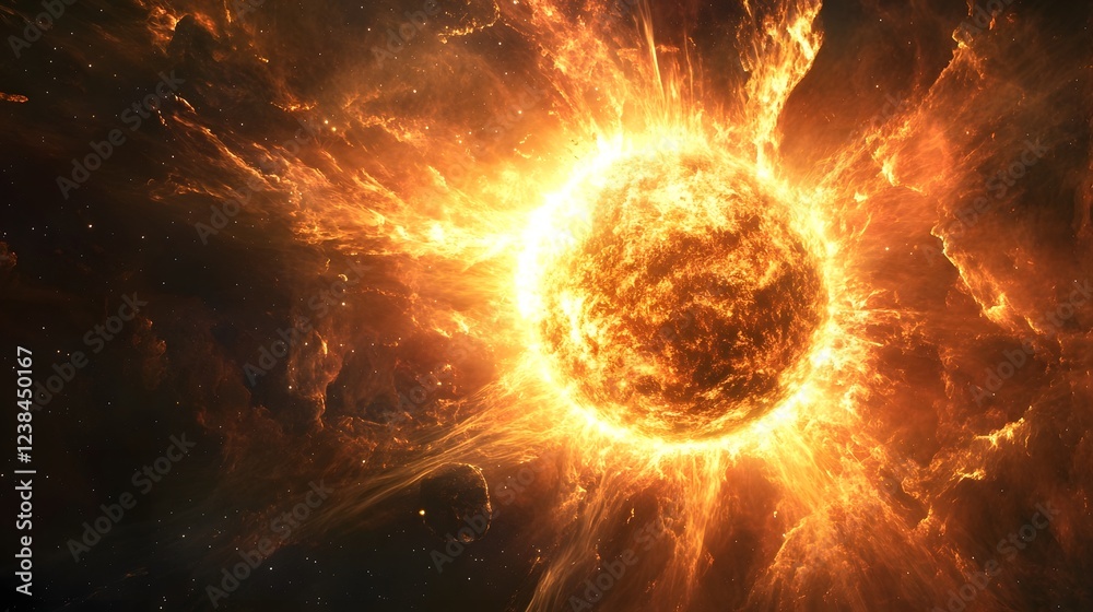 Poster Dramatic cosmic explosion unleashing an immense fiery blaze in the depths of the universe generating a colossal awe inspiring and mesmerizing display of raw cosmic energy and power