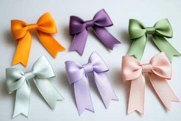 Colorful Satin Bows in Various Shades Arranged on White Background