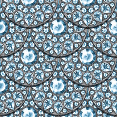 Seamless decorative pattern of silver scales with blue gems, jewelry background