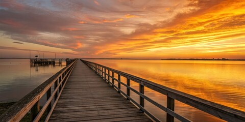Obraz premium Serene Sunset Over Calm Water with Wooden Pier Extending to Horizon