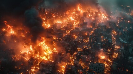 Naklejka premium Urban buildings engulfed in flames, symbolizing devastation and chaos.